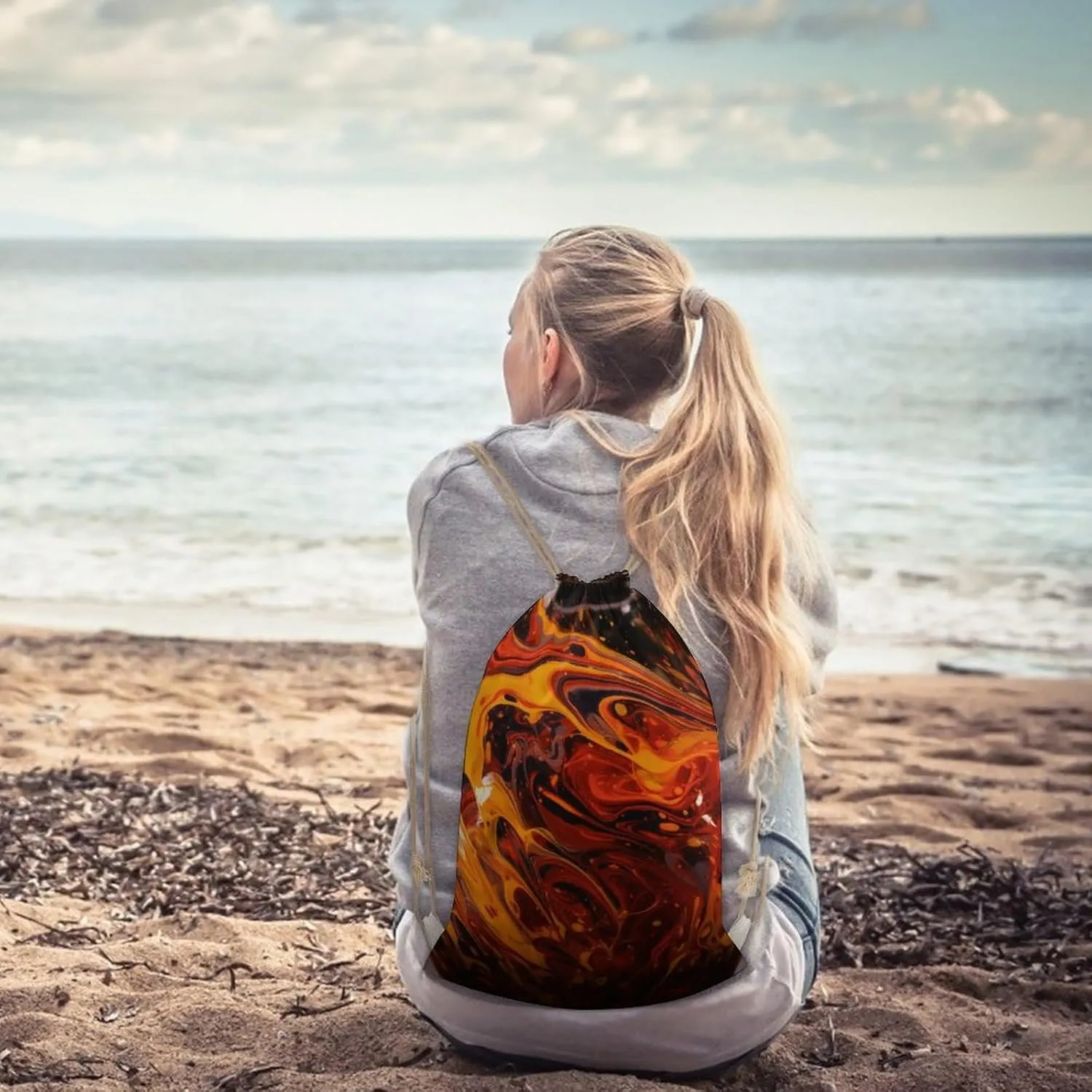 Drawstring Backpack Orange Liquid String Bag Sackpack Foldable Backpack Sports Gym Bag for Shopping Yoga