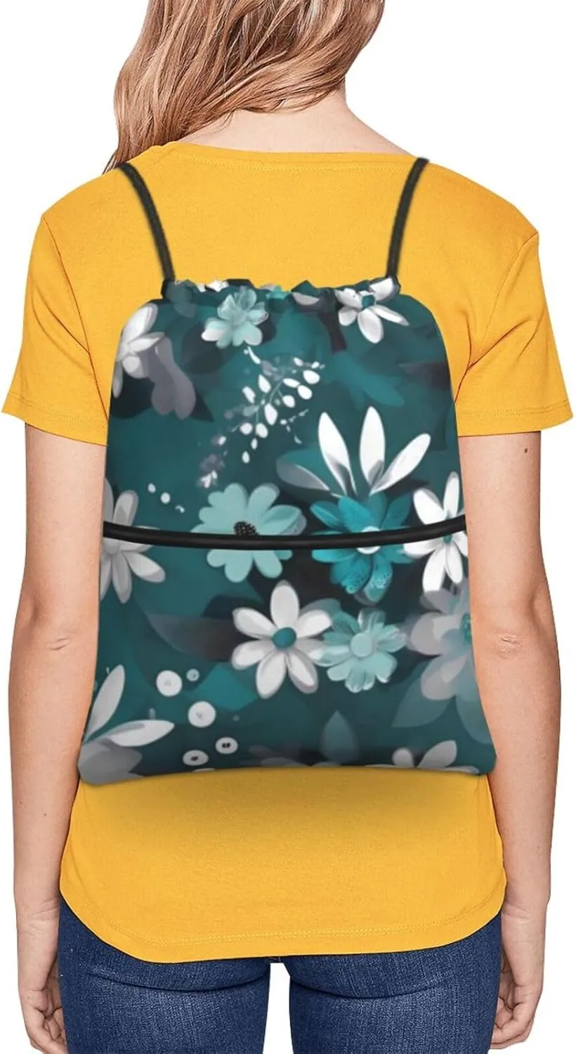 Drawstring Backpack Teal Grey And White Floral String Bag Sackpack Foldable Backpack Sports Gym Bag for Shopping Yoga