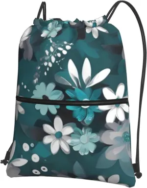 Drawstring Backpack Teal Grey And White Floral String Bag Sackpack Foldable Backpack Sports Gym Bag for Shopping Yoga