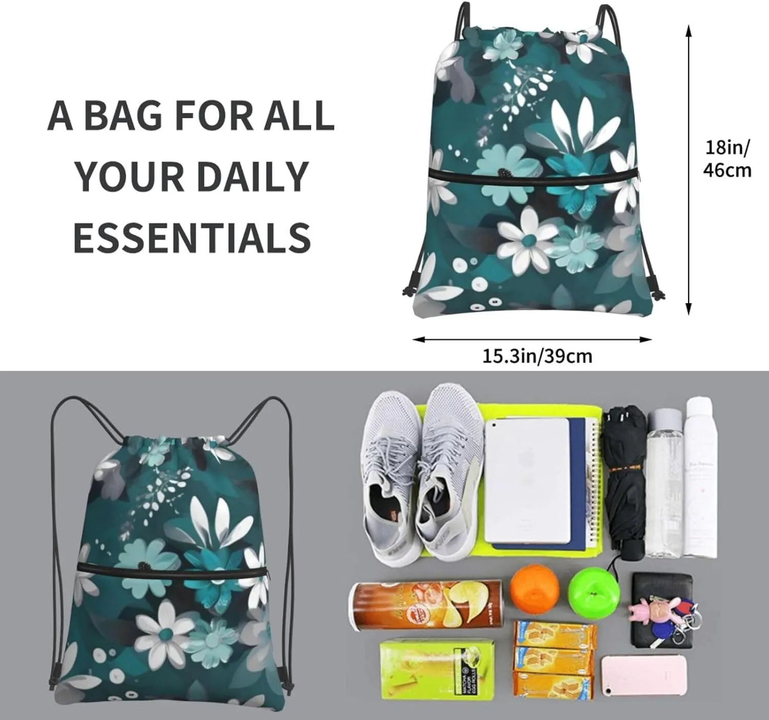 Drawstring Backpack Teal Grey And White Floral String Bag Sackpack Foldable Backpack Sports Gym Bag for Shopping Yoga