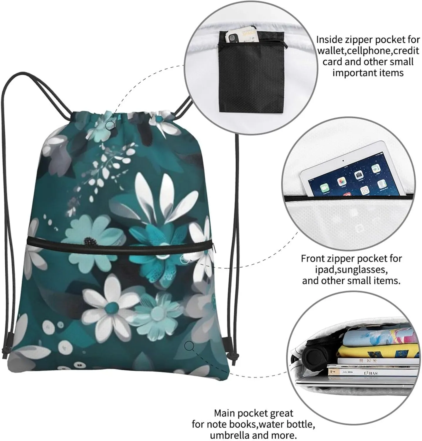 Drawstring Backpack Teal Grey And White Floral String Bag Sackpack Foldable Backpack Sports Gym Bag for Shopping Yoga