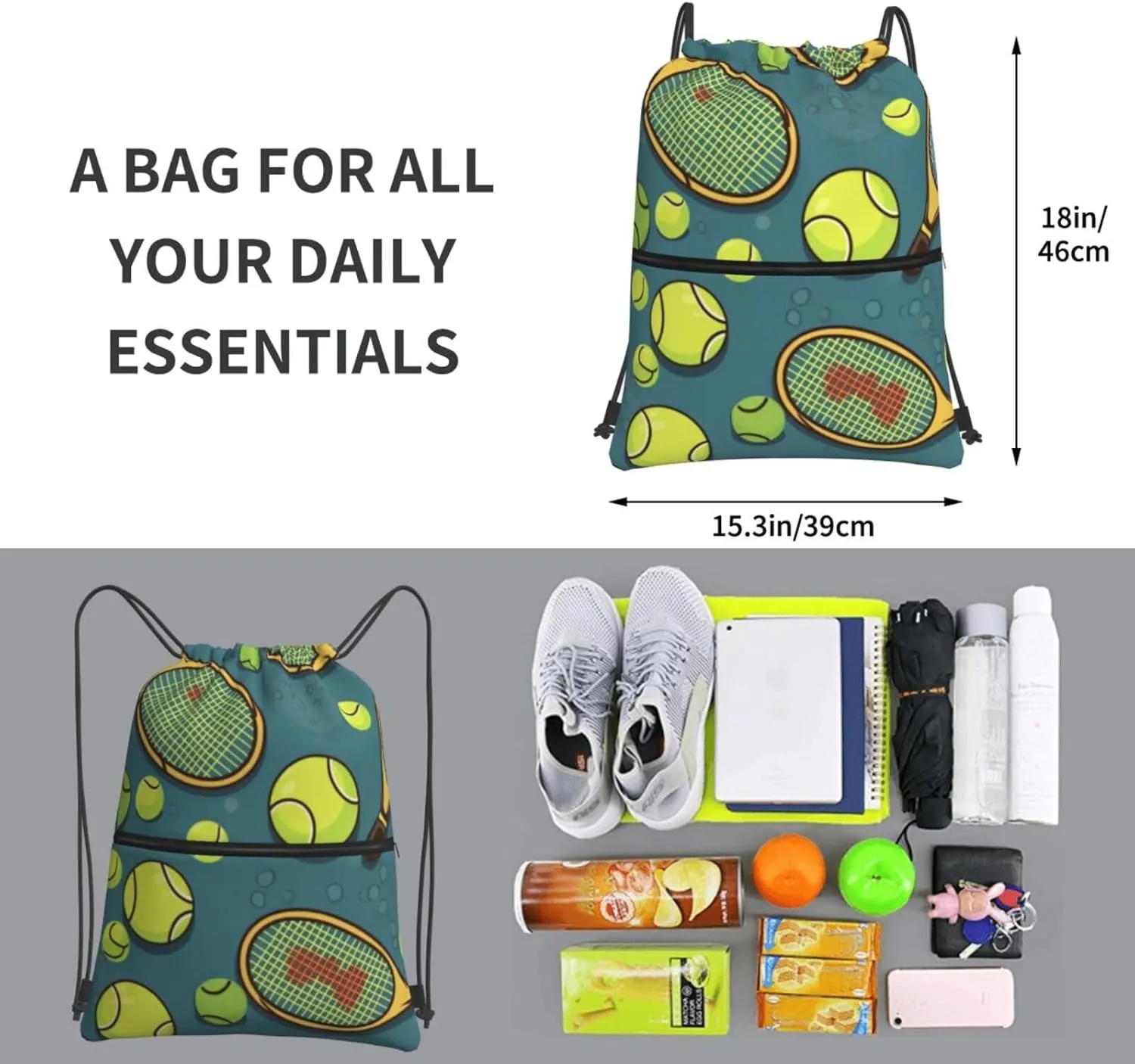 Drawstring Backpack Tennis Racquets And Tennis Balls String Bag Sackpack Foldable Backpack Sports Gym Bag for Shopping Yoga