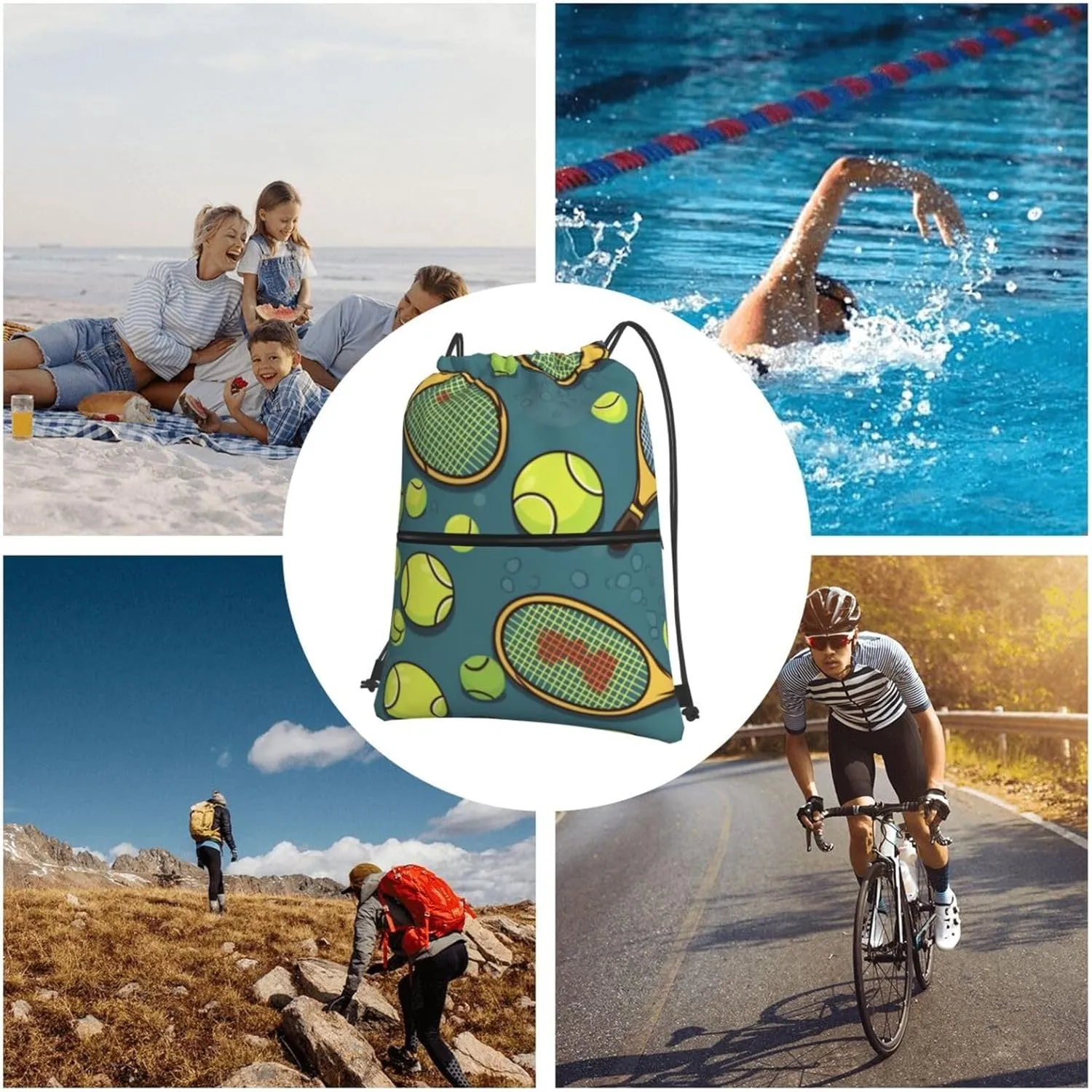 Drawstring Backpack Tennis Racquets And Tennis Balls String Bag Sackpack Foldable Backpack Sports Gym Bag for Shopping Yoga