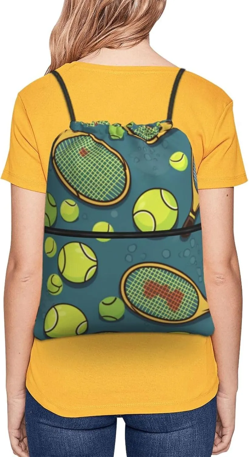 Drawstring Backpack Tennis Racquets And Tennis Balls String Bag Sackpack Foldable Backpack Sports Gym Bag for Shopping Yoga