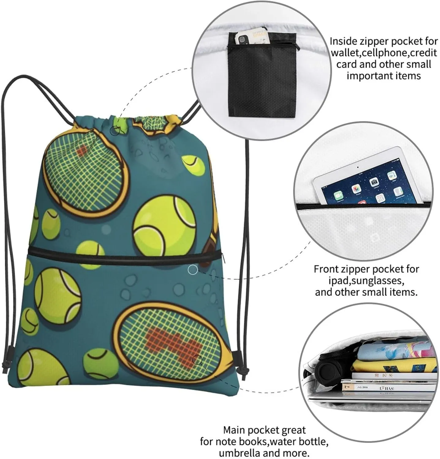 Drawstring Backpack Tennis Racquets And Tennis Balls String Bag Sackpack Foldable Backpack Sports Gym Bag for Shopping Yoga