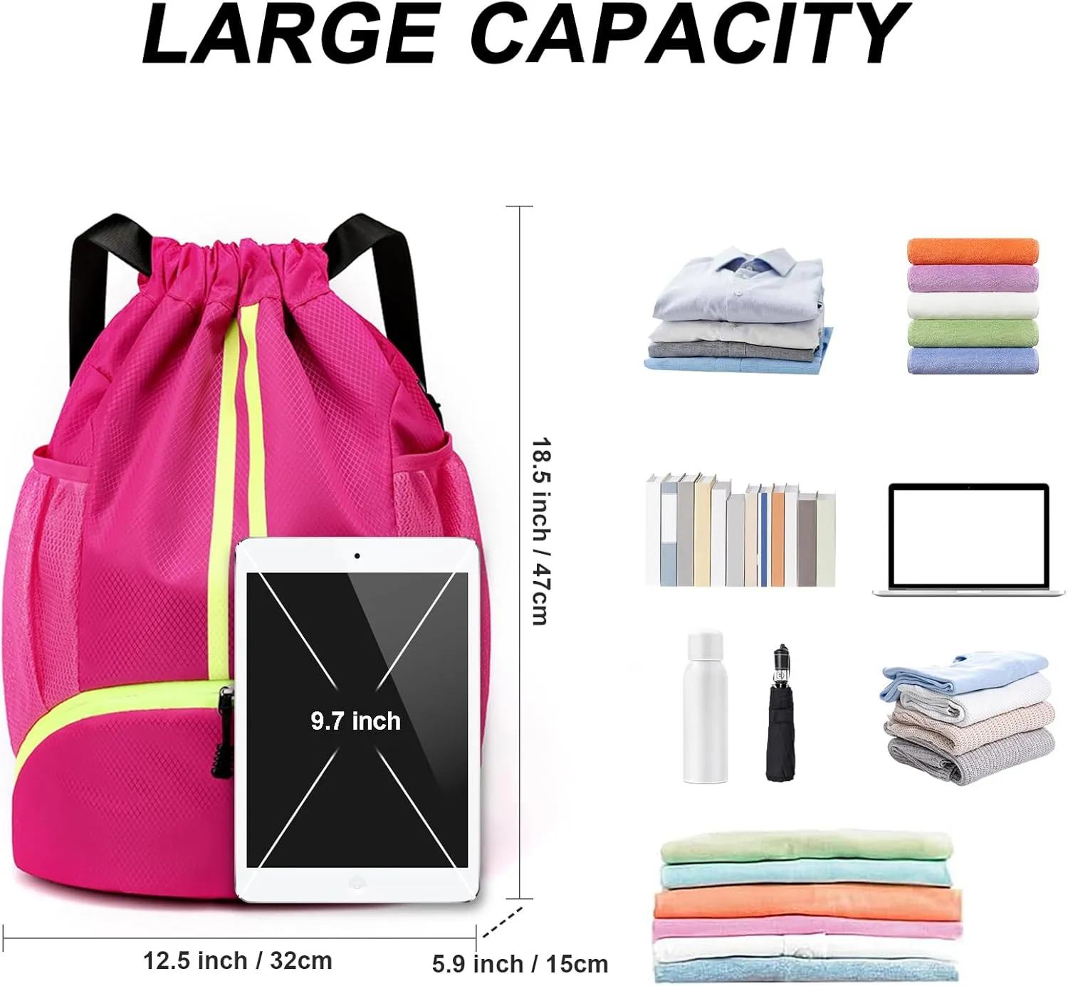 Drawstring Backpack, Waterproof Sports Gym Bag with Shoe Compartment and Side Pockets, Drawstring Bag with Reflective Strip for Men Women, Large Size for Sports, Gym, Travel (Rose Red)