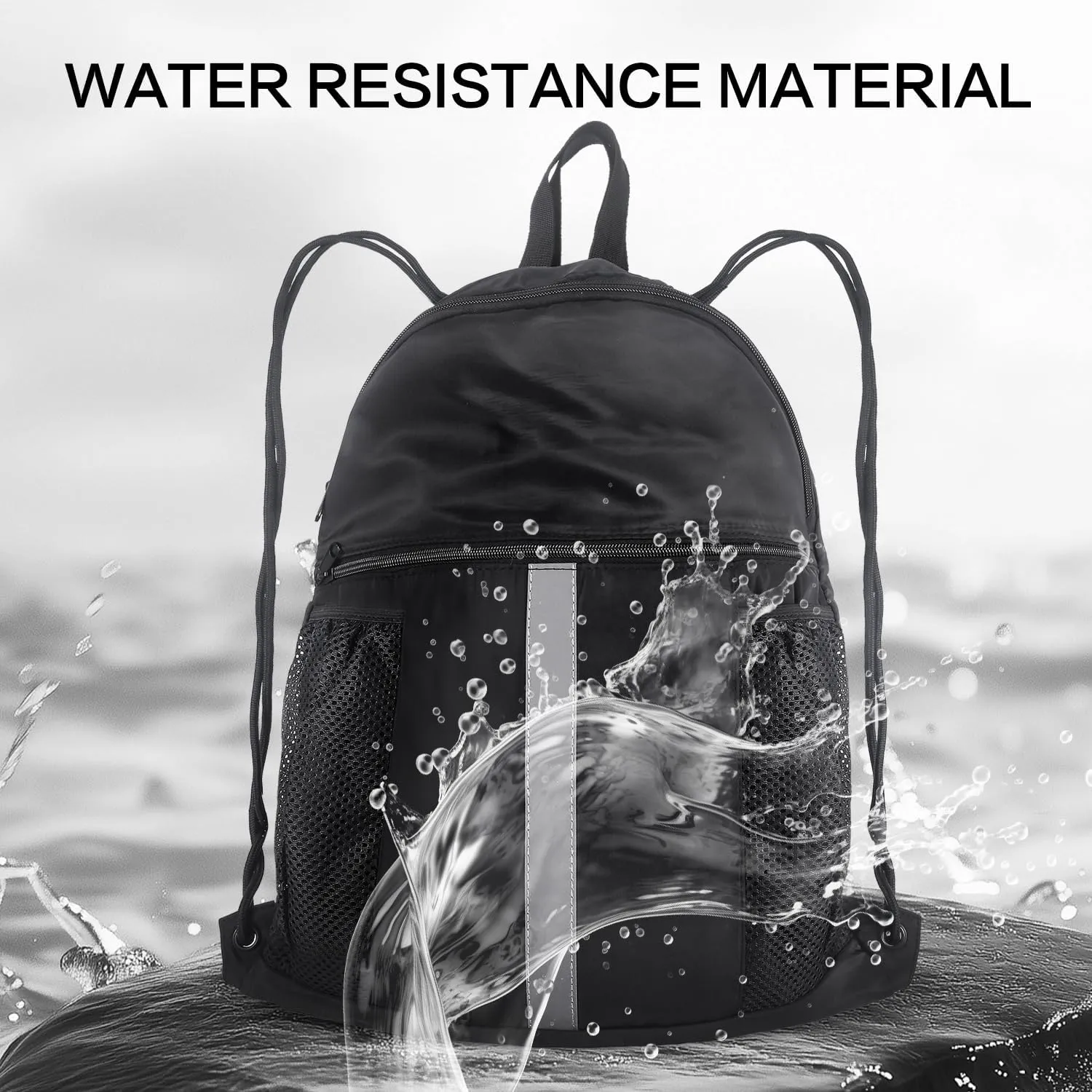 Drawstring Backpack with Shoes Compartment, Water-Resistant Sports Gym Bag for Men Women, 45L String Backpack Cinch with Two Bottle Holder