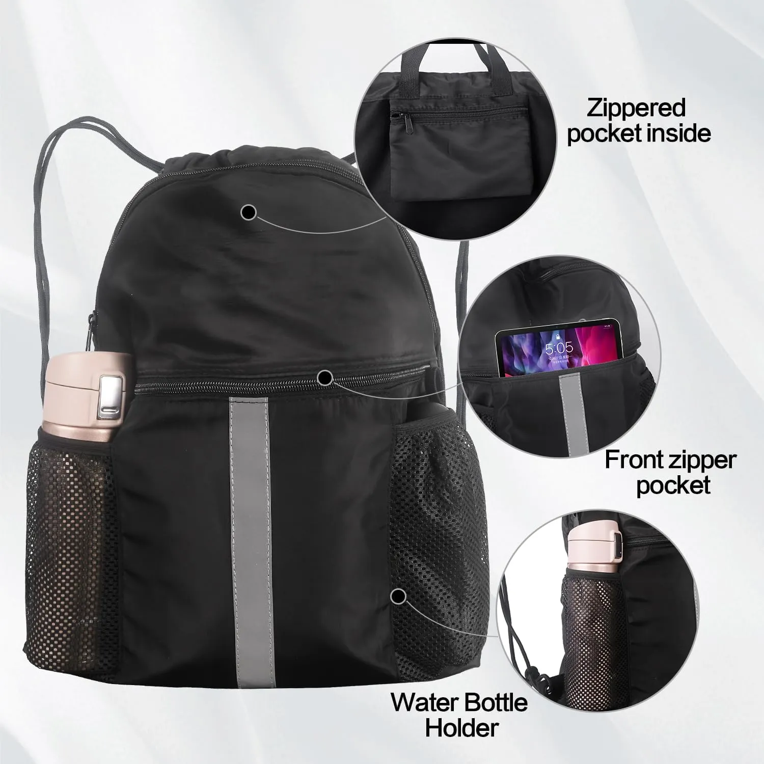 Drawstring Backpack with Shoes Compartment, Water-Resistant Sports Gym Bag for Men Women, 45L String Backpack Cinch with Two Bottle Holder