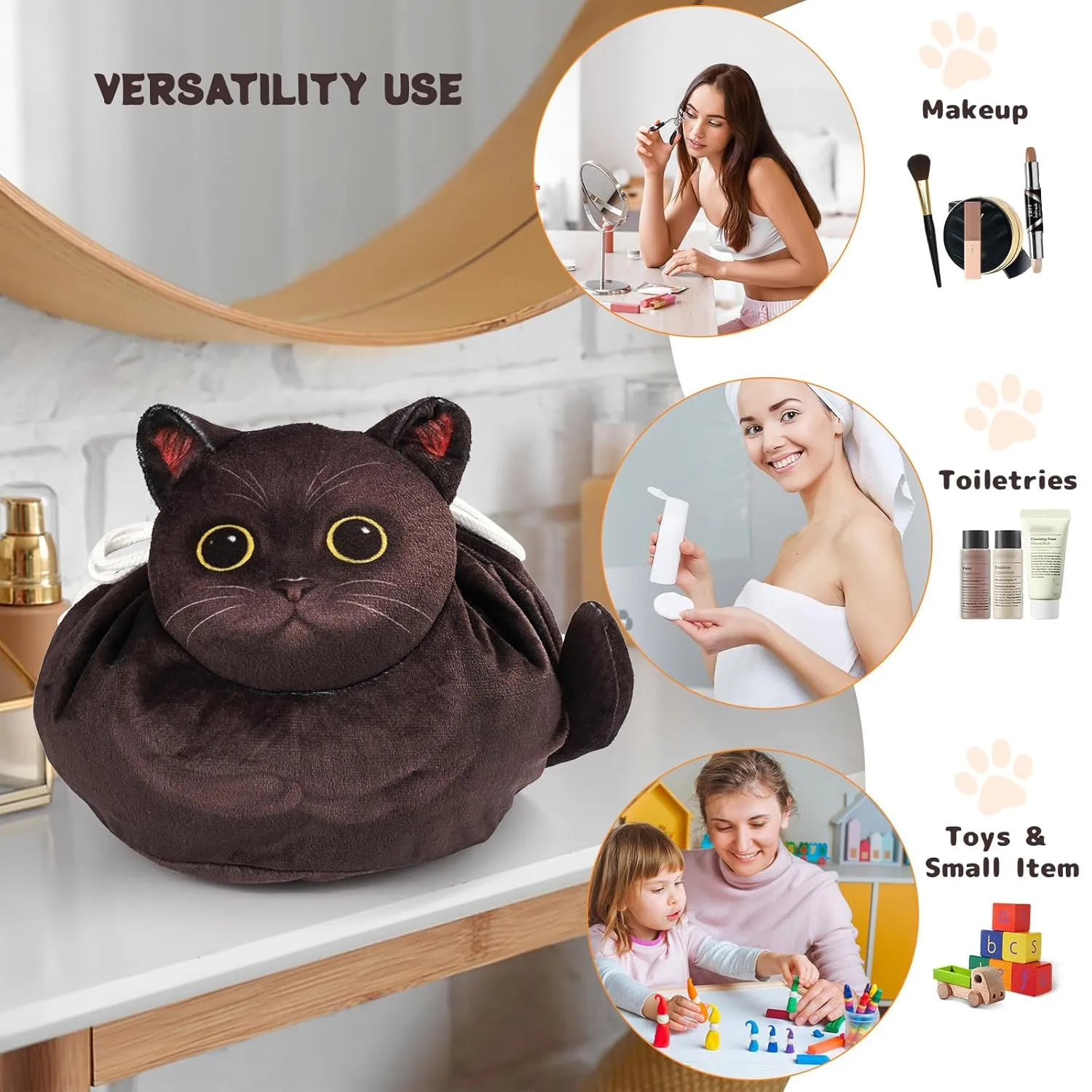 Drawstring Makeup Bag, Cat Makeup Bag, Travel Makeup Organizer, Cosmetic Pouch Bag, Cat Gift for Women, Lay Flat Makeup Bag Gifts for Cat Lovers