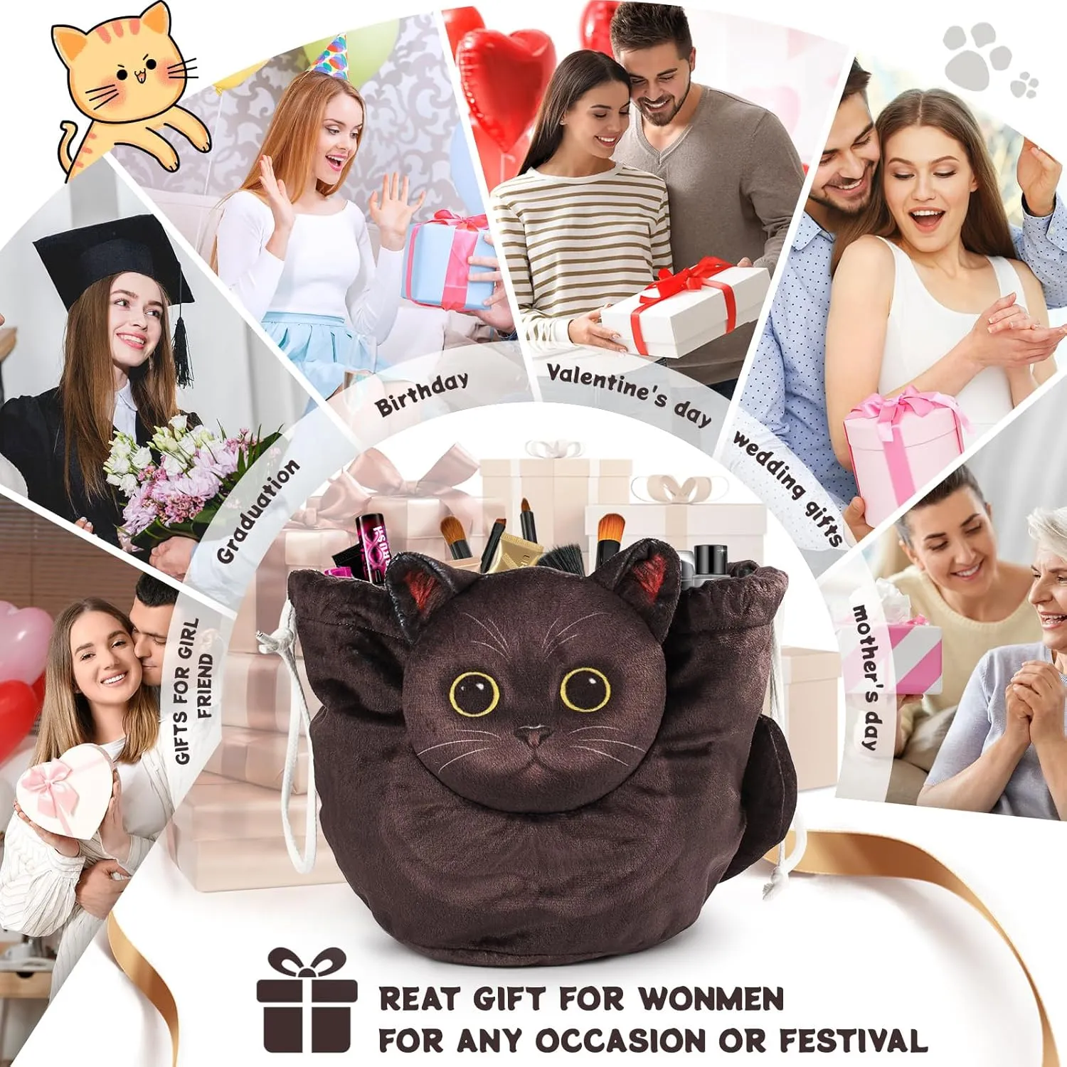Drawstring Makeup Bag, Cat Makeup Bag, Travel Makeup Organizer, Cosmetic Pouch Bag, Cat Gift for Women, Lay Flat Makeup Bag Gifts for Cat Lovers