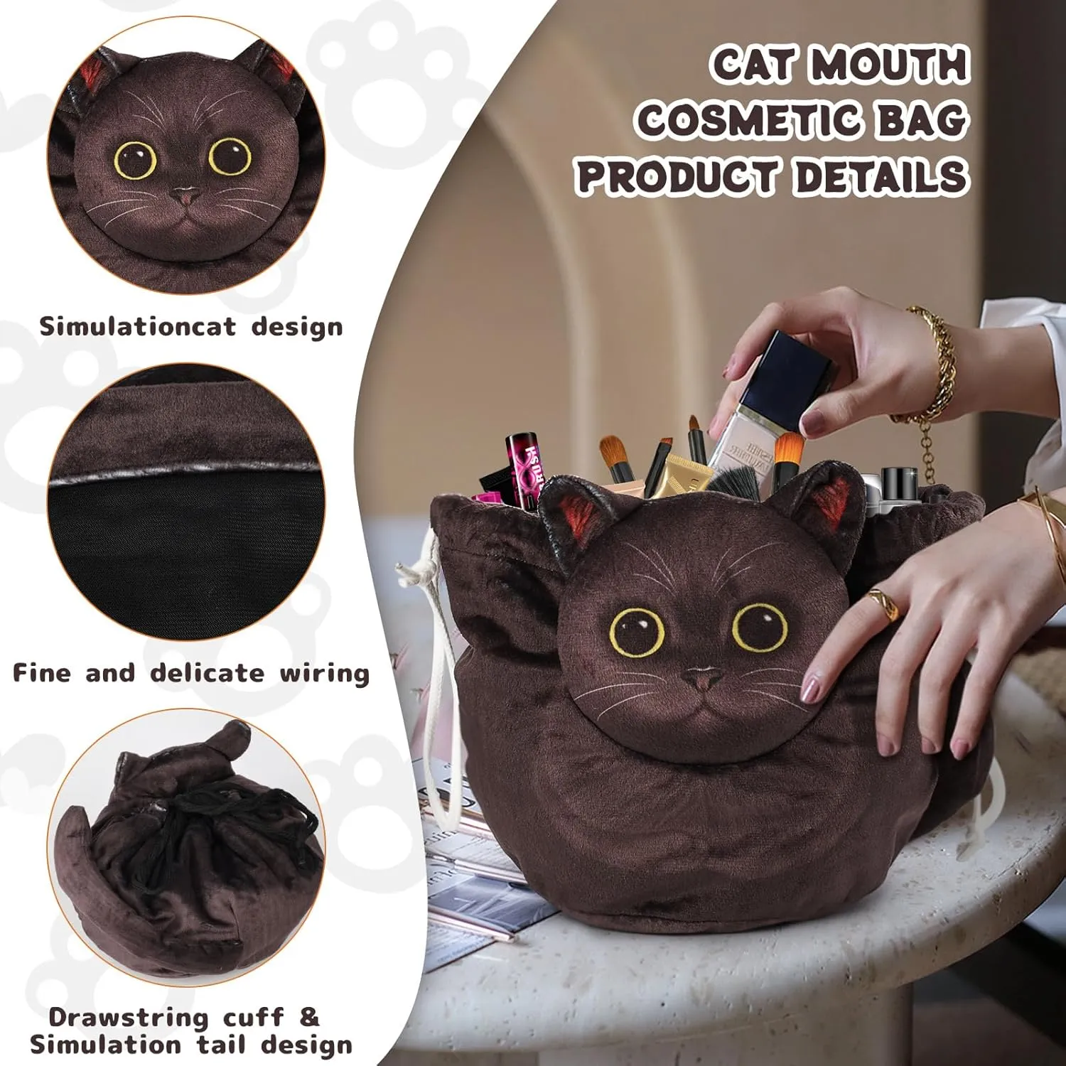 Drawstring Makeup Bag, Cat Makeup Bag, Travel Makeup Organizer, Cosmetic Pouch Bag, Cat Gift for Women, Lay Flat Makeup Bag Gifts for Cat Lovers