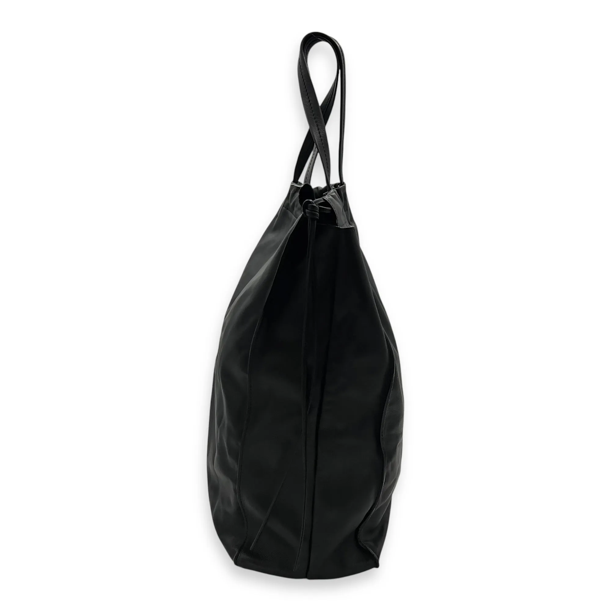 Drawstring Top Handle Bag Black in Calfskin, Silver hardware