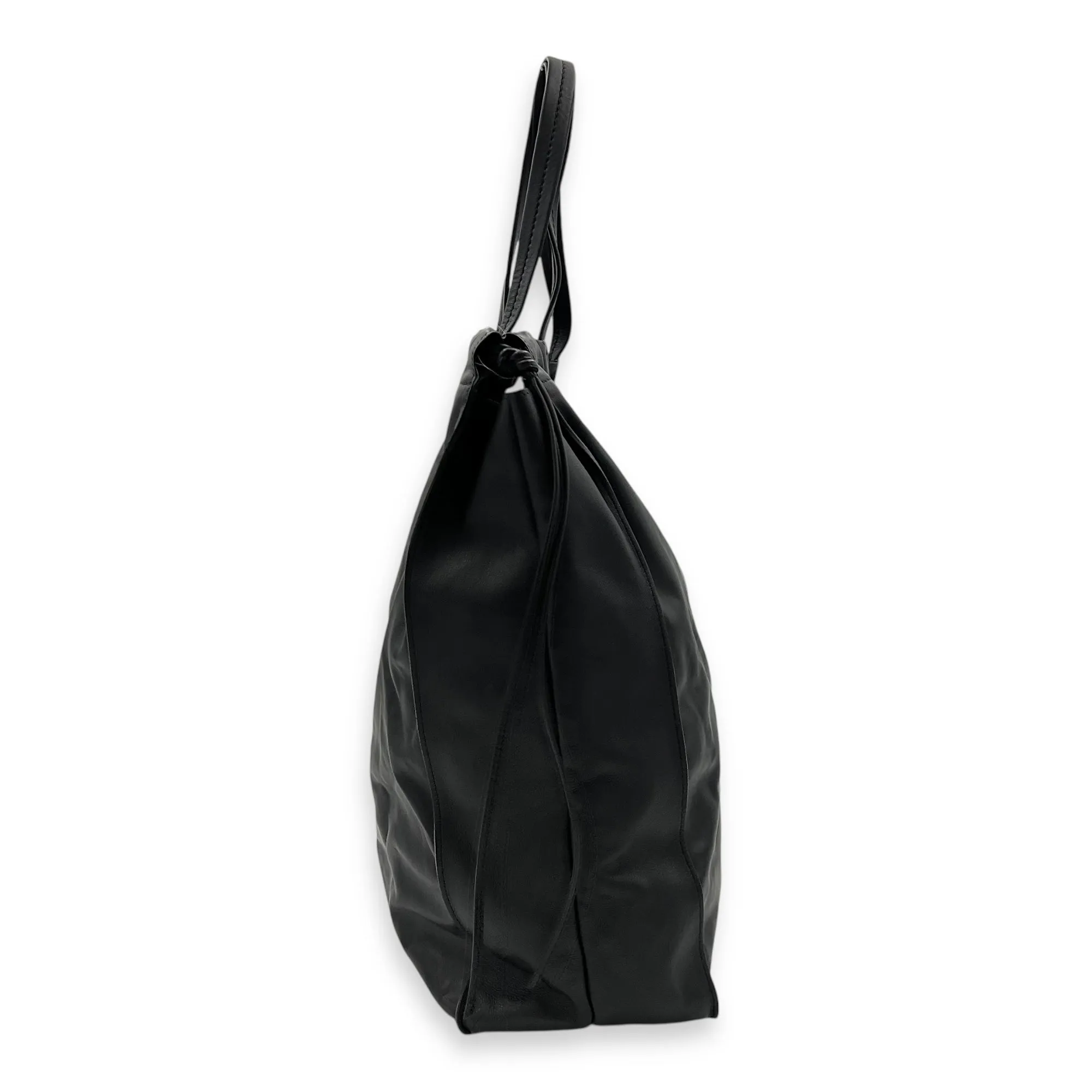 Drawstring Top Handle Bag Black in Calfskin, Silver hardware