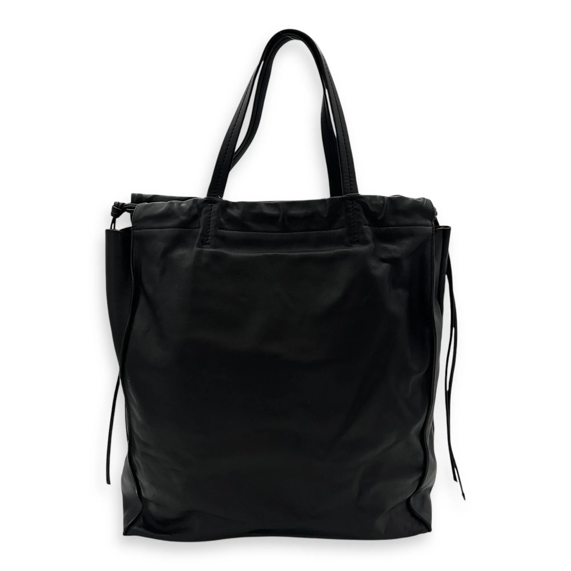 Drawstring Top Handle Bag Black in Calfskin, Silver hardware
