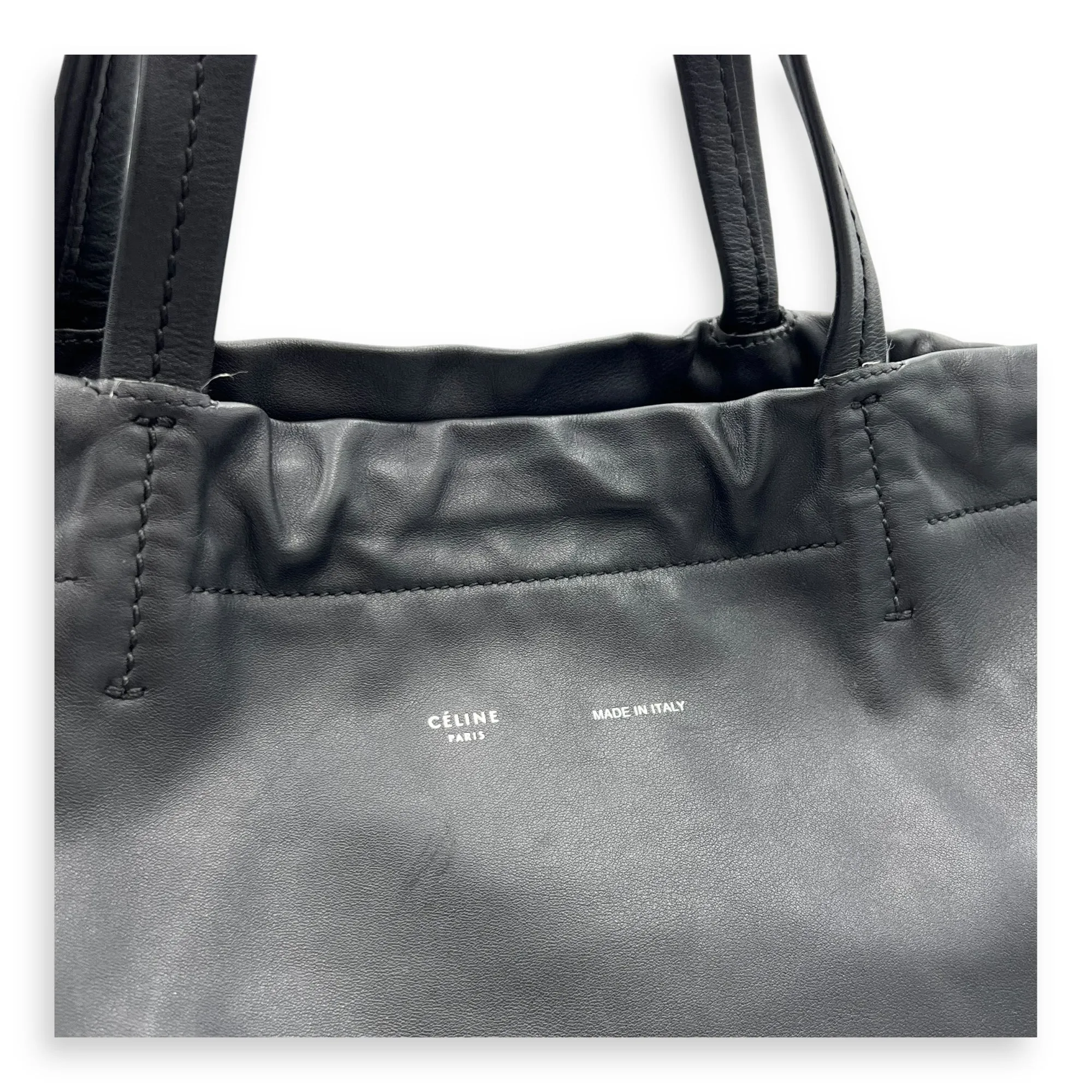 Drawstring Top Handle Bag Black in Calfskin, Silver hardware