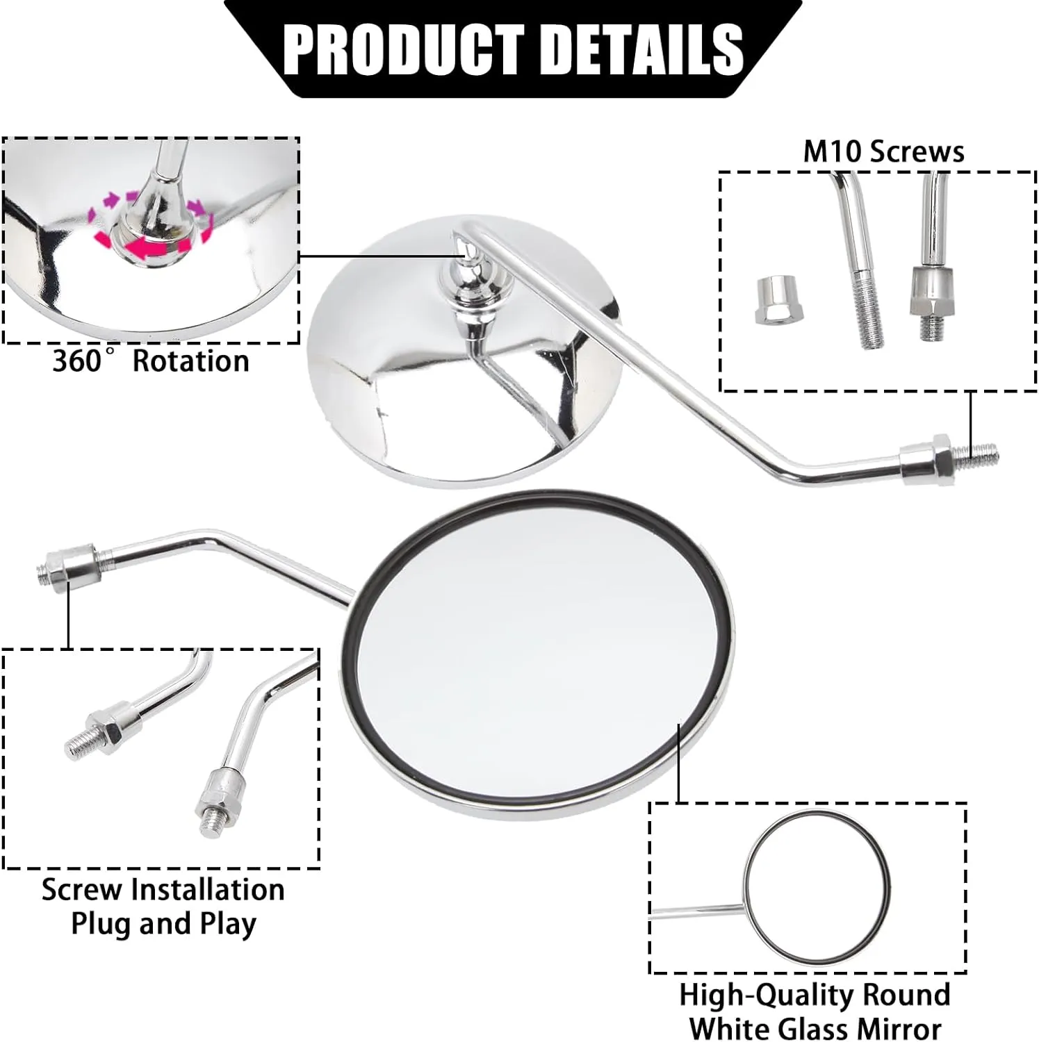DREAMIZER 10mm Motorcycle Scooter Mirror, Chrome Motorcycle Mirror for Cafe Racer Shadow Rebel 250 Nighthawk VTX1300 1800 CB500 550 600 650 750 900 1000 Cruiser