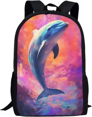 Dreamy Dolphin Backpack for Boys Girls Novelty Cute Graphic Animal Print School Backpack 17 Inch Student Lightweight Comfy Black Kids Bookbag with Side Mesh Pocket
