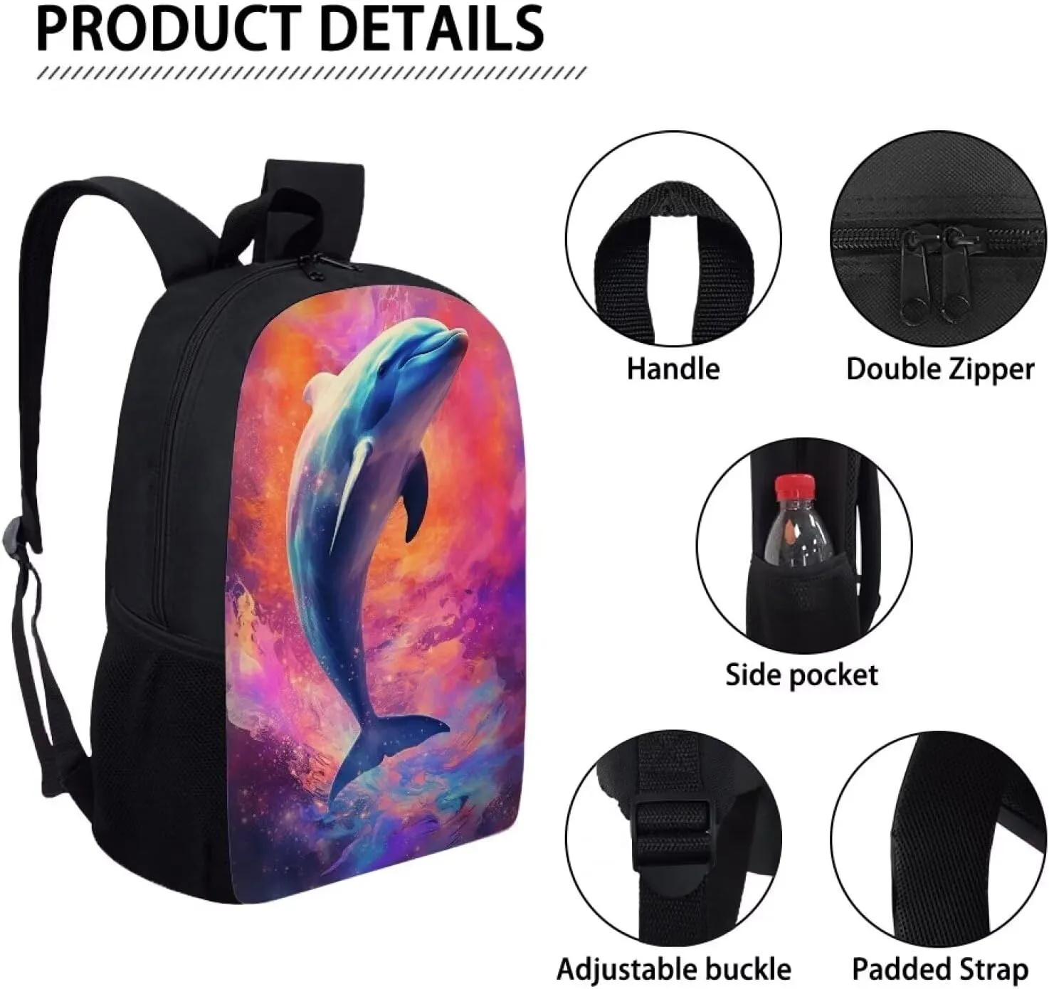 Dreamy Dolphin Backpack for Boys Girls Novelty Cute Graphic Animal Print School Backpack 17 Inch Student Lightweight Comfy Black Kids Bookbag with Side Mesh Pocket