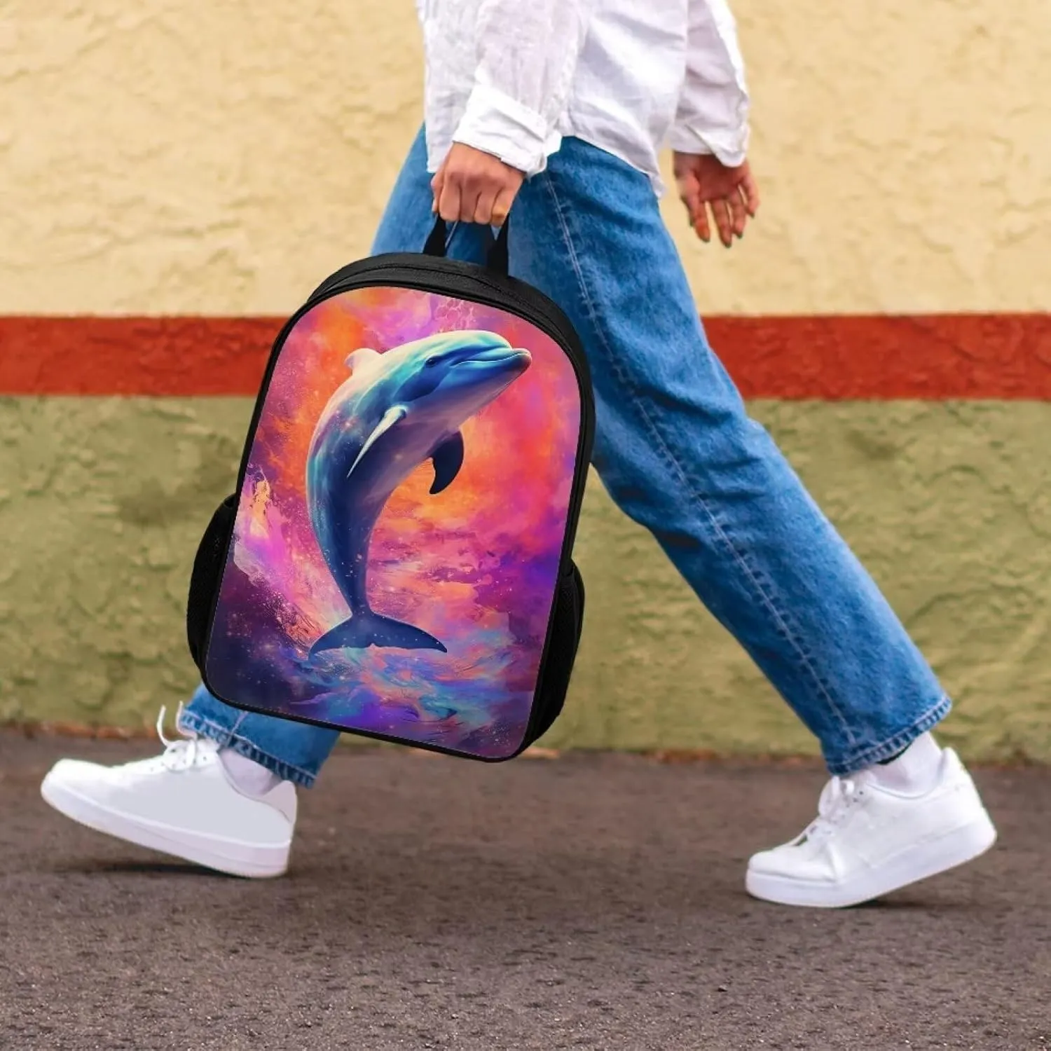 Dreamy Dolphin Backpack for Boys Girls Novelty Cute Graphic Animal Print School Backpack 17 Inch Student Lightweight Comfy Black Kids Bookbag with Side Mesh Pocket
