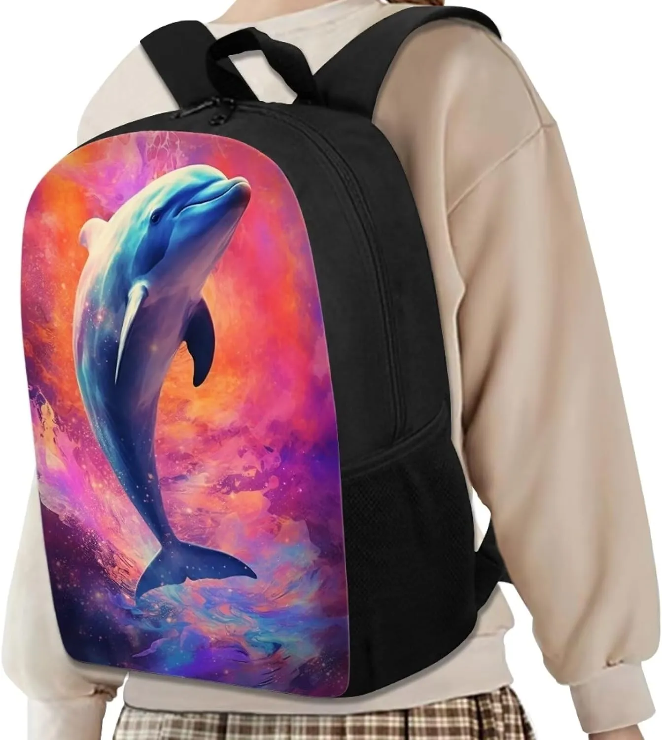 Dreamy Dolphin Backpack for Boys Girls Novelty Cute Graphic Animal Print School Backpack 17 Inch Student Lightweight Comfy Black Kids Bookbag with Side Mesh Pocket