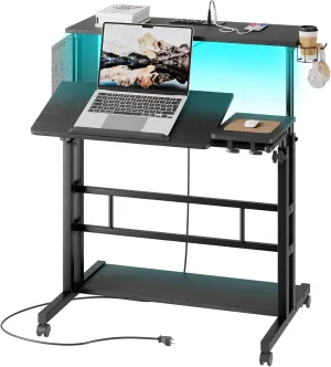 Dripex Mobile Standing Desk with Power Outlets & Strip Lights, Rolling Computer Desk with Cup Holder, Hook, Storage Bag, Adjustable Height Laptop Desk with Wheels, Small Standing Desk Drawing Desk