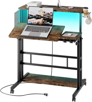 Dripex Mobile Standing Desk with Power Outlets & Strip Lights, Rolling Computer Table with Cup Holder, Hook, Storage Bag, Adjustable Height Desk, Small Standing Desk Drawing Desk