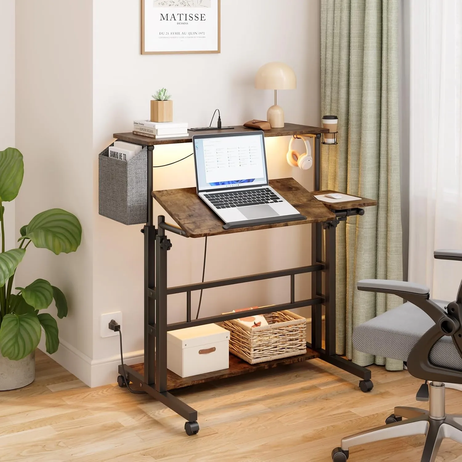 Dripex Mobile Standing Desk with Power Outlets & Strip Lights, Rolling Computer Table with Cup Holder, Hook, Storage Bag, Adjustable Height Desk, Small Standing Desk Drawing Desk