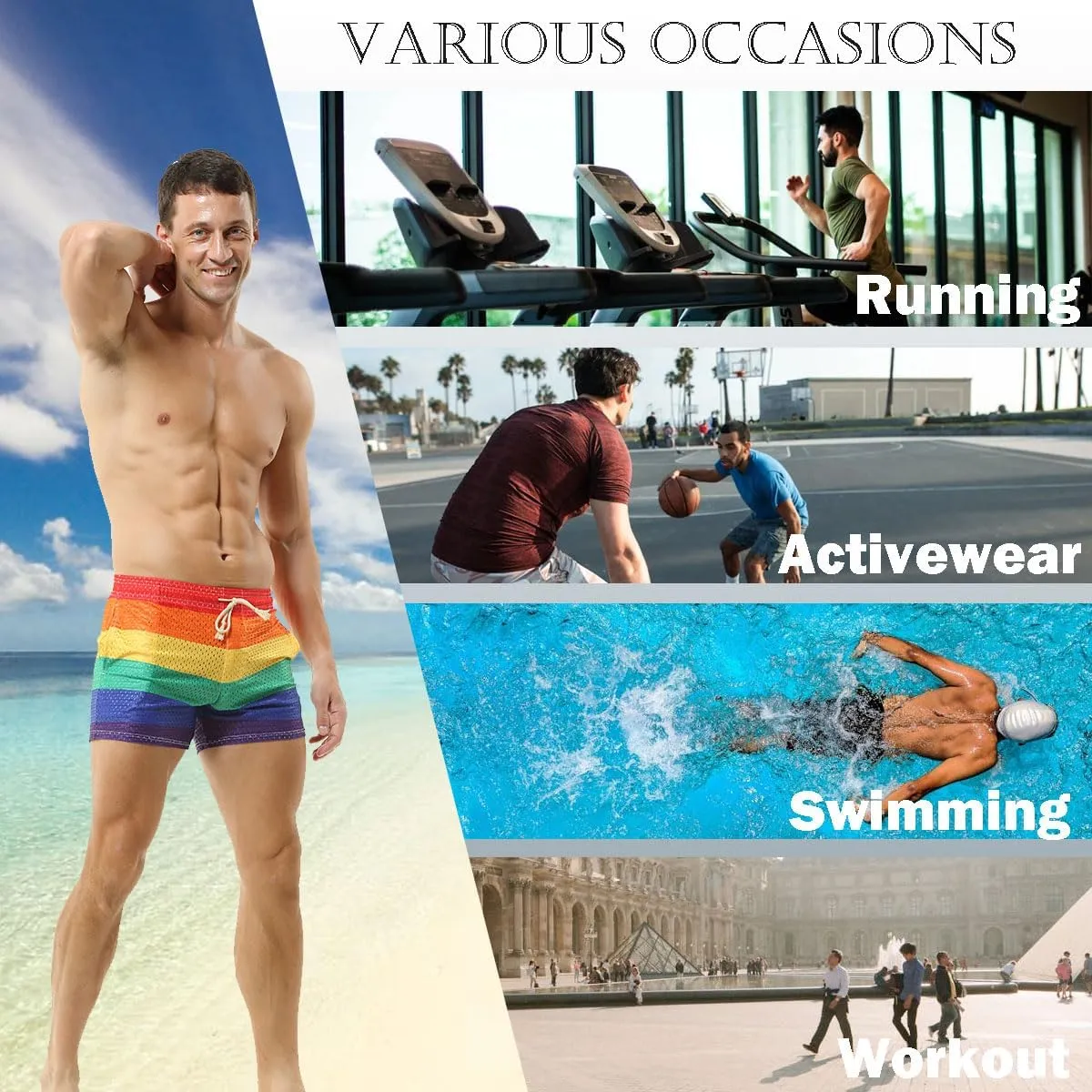 DTODWW Mens Workout Shorts Rainbow Stripe Mesh Shorts 3 Inch Men Running Shorts Breathable with Pockets for Athletic Gym