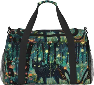 Duffle Bag for Travel, Mystical Black Cat Fireflies Weekender Overnight Duffel Bag, Carry On Bag Gym Bag for Women Men, Personal Item Travel Bag