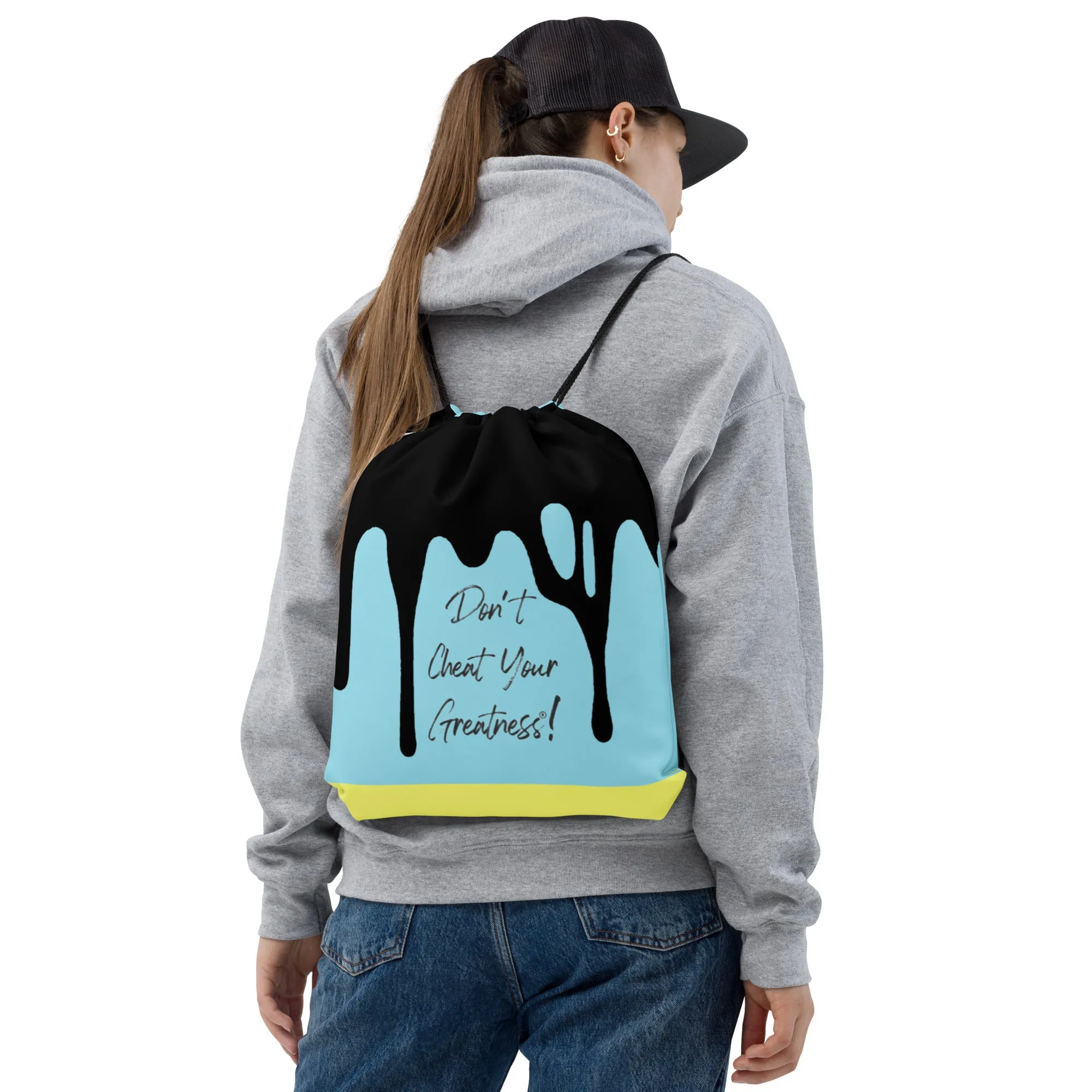 DYCG DRIP Black Logo & Light Blue with Yellow Drawstring bag