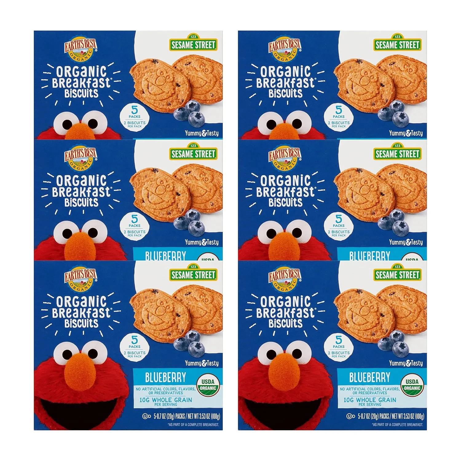 Earth's Best Organic Kids Snacks, Sesame Street Toddler Snacks, Organic Breakfast Biscuits for Kids 2 Years and Older, Blueberry, 5 Packs of 2 Biscuits per Box (Pack of 6)