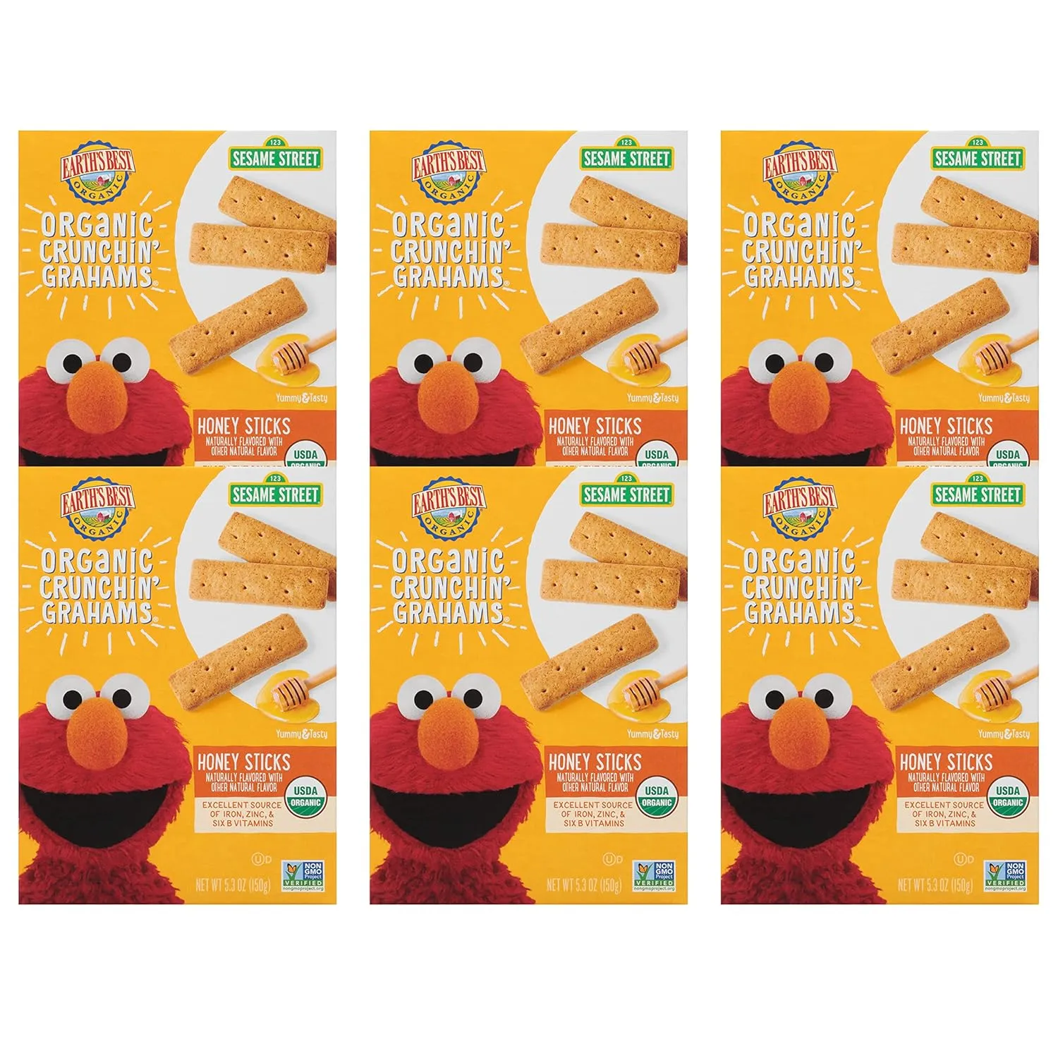 Earth's Best Organic Kids Snacks, Sesame Street Toddler Snacks, Organic Crunchin' Grahams for Toddlers 2 Years and Older, Honey Sticks with other Natural Flavors, 5.3 oz Box (Pack of 6)