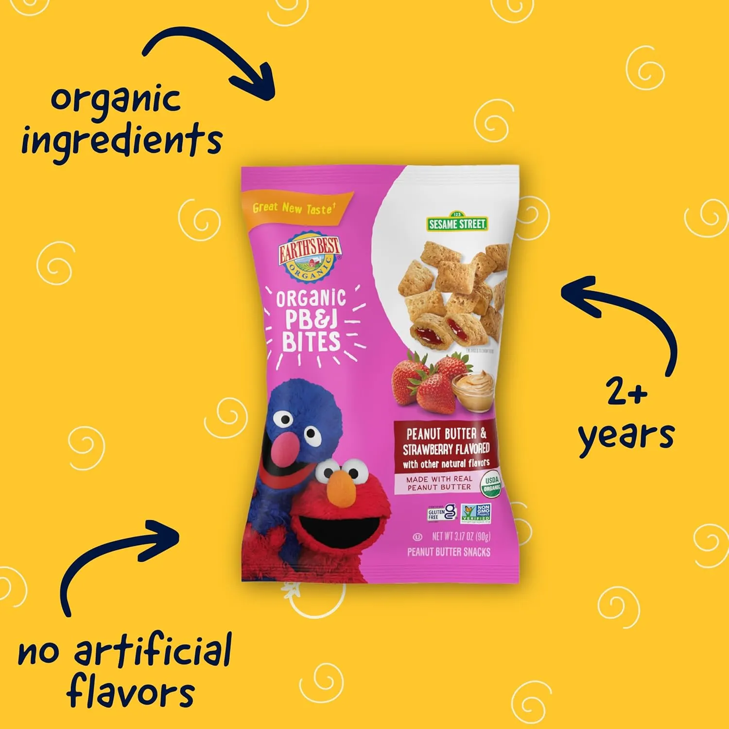 Earth's Best Organic Kids Snacks, Sesame Street Toddler Snacks, Organic PB&J Bites for Toddlers 2 Years and Older, Peanut Butter and Strawberry Flavored with Other Natural Flavors, 3.17 oz (Pack of 6)