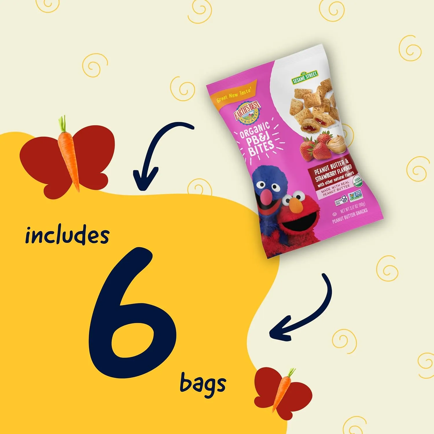 Earth's Best Organic Kids Snacks, Sesame Street Toddler Snacks, Organic PB&J Bites for Toddlers 2 Years and Older, Peanut Butter and Strawberry Flavored with Other Natural Flavors, 3.17 oz (Pack of 6)