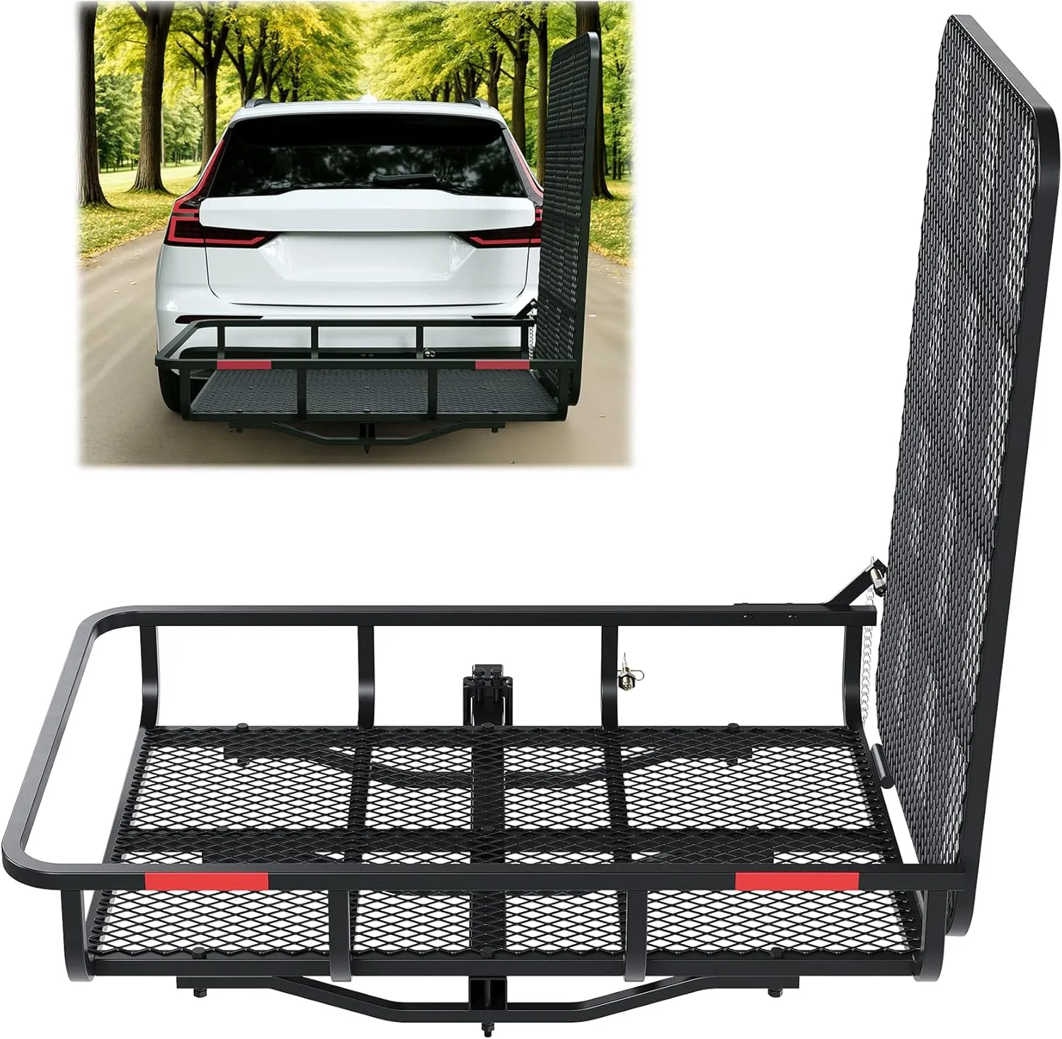 ECOTRIC Hitch Mount Wheelchair Carrier with Mobility Ramp for Wheelchair Scooter Lawn Mower Snow Blower Hauler 500lb Capacity Basket-Style