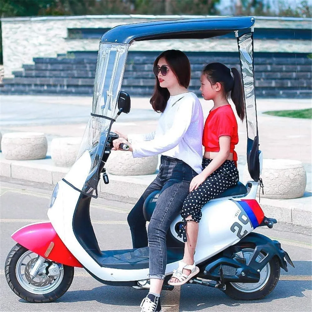 Electric Cycling Bike Rain Canopy Cover - Universal Fully Enclosed Motor Scooter Transparent Curtain with Sunshade and Rearviewmirror - Ideal Mobility Scooter Sunshade Rain Cover in White, Red
