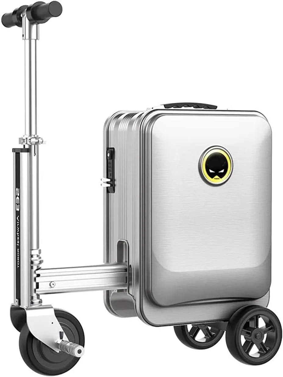 Electric Ride-On Hand Luggage Suitcase, Scooter Luggage for Adults, with Telescopic Handle/2 Removable Batteries/3-Speed ​​Adjustment/App Control/External Charging Port,Silver