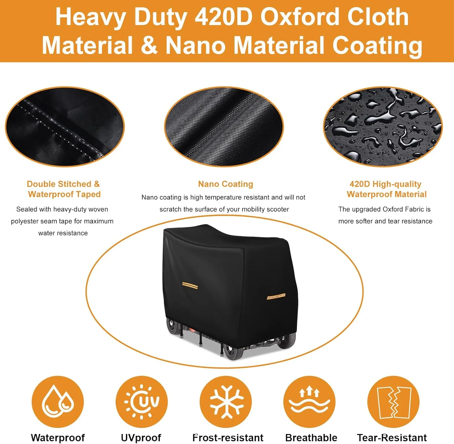 Electric Scooter Cover Waterproof Outdoor,420D Oxford Fabric Mobility Scooter Accessories for 3&4 Wheel Mobility Scooters,Wheelchair Cover,4 Reflective Strips,3 Buckles (L 50"x23"x39")