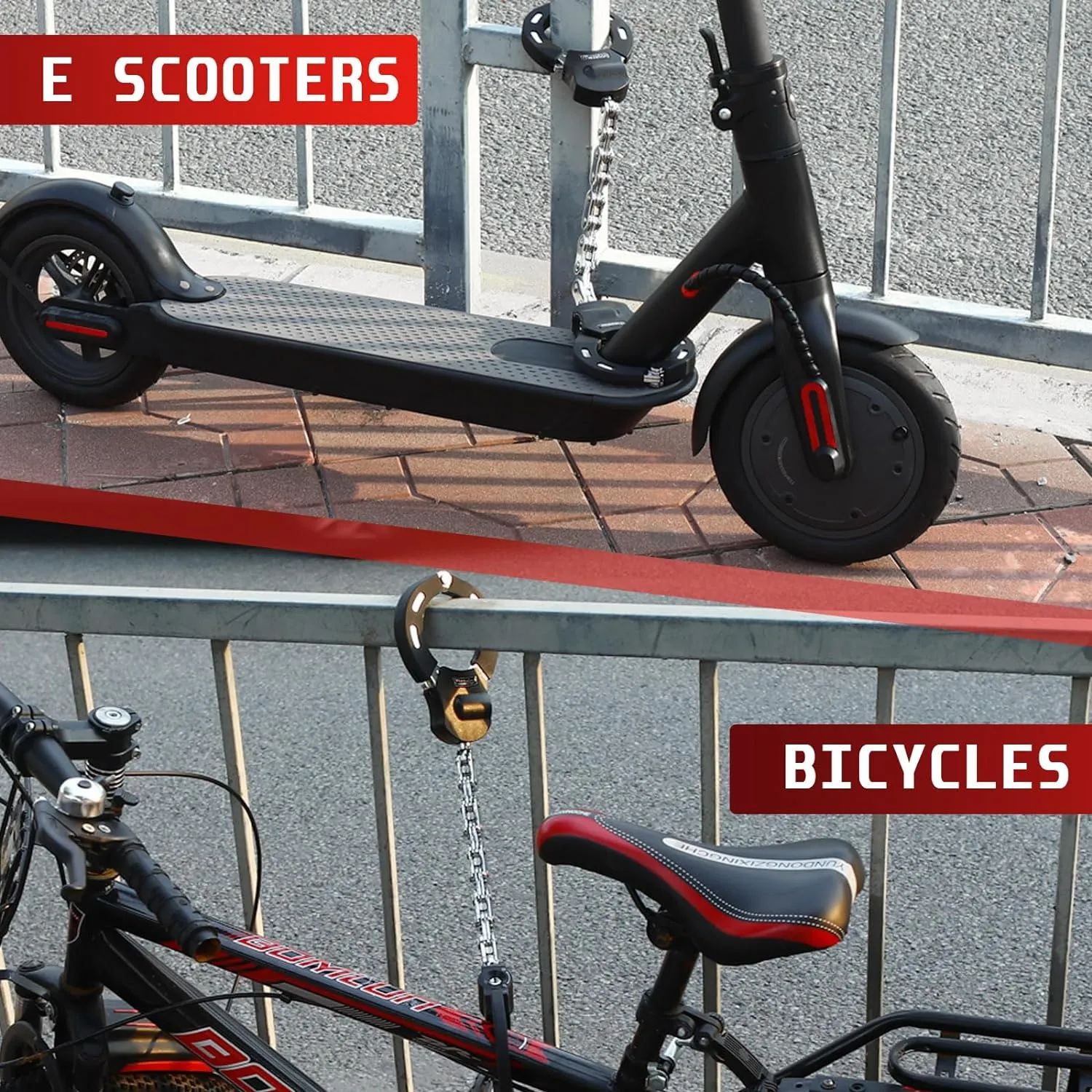 Electric Scooter Lock, Scooter Locks 8mm Chain Lock Bike Locks Heavy Duty Anti Theft with 3 Keys and Waterproof Scooter Front Hanging Bag for E-Bike/Electric Scooters