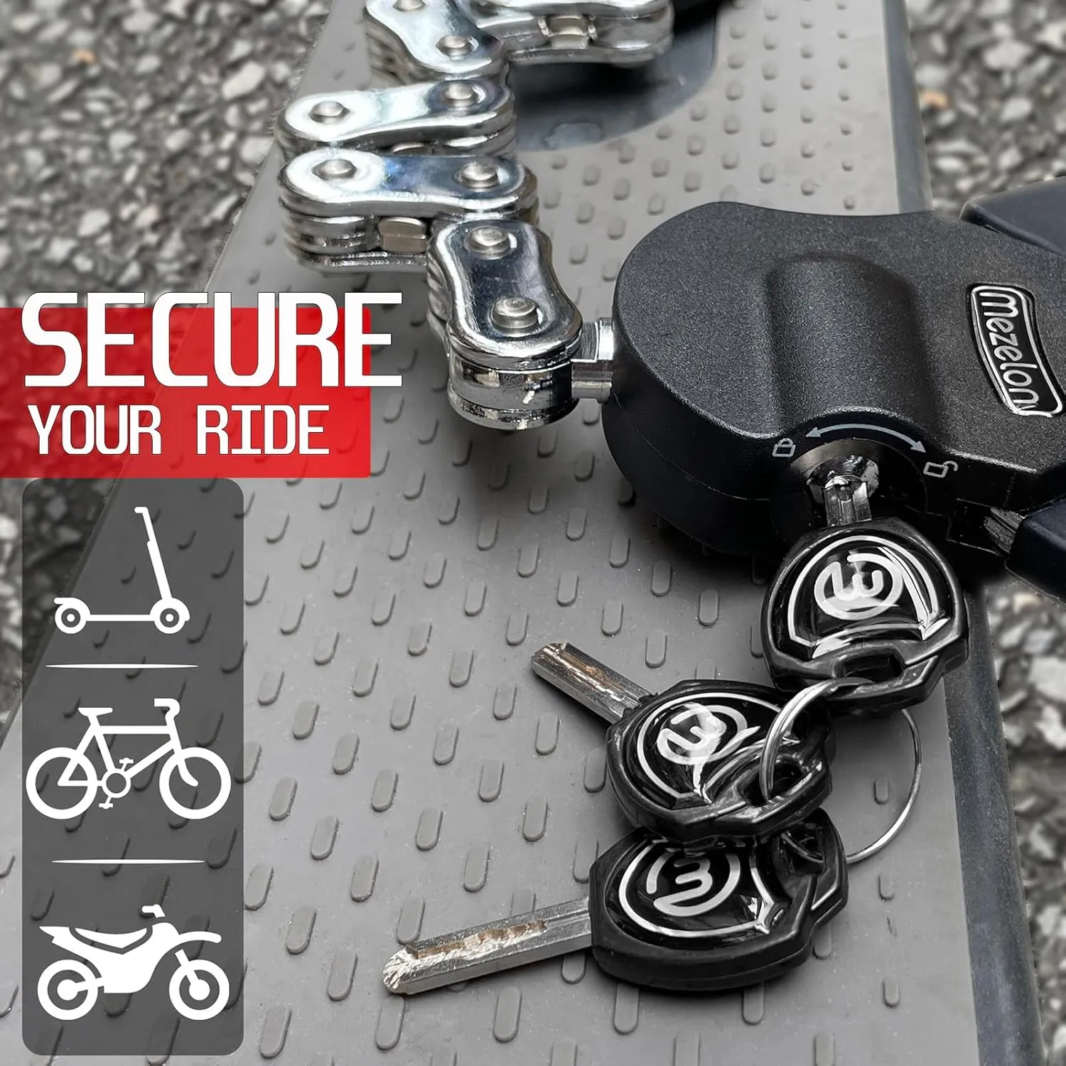 Electric Scooter Lock, Scooter Locks 8mm Chain Lock Bike Locks Heavy Duty Anti Theft with 3 Keys and Waterproof Scooter Front Hanging Bag for E-Bike/Electric Scooters