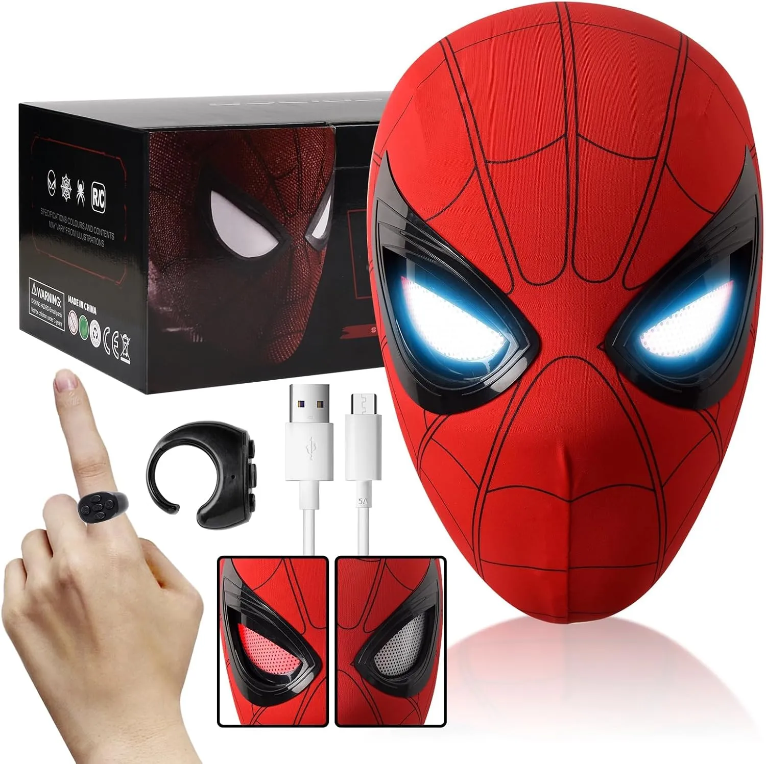 Electric Spider Superhero Role-Playing Mask Toy with Moving Eyes and LED Lights - Remote Control Ring, Fun Gift for Men (red)