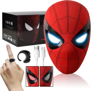 Electric Spider Superhero Role-Playing Mask Toy with Moving Eyes and LED Lights - Remote Control Ring, Fun Gift for Men (red)