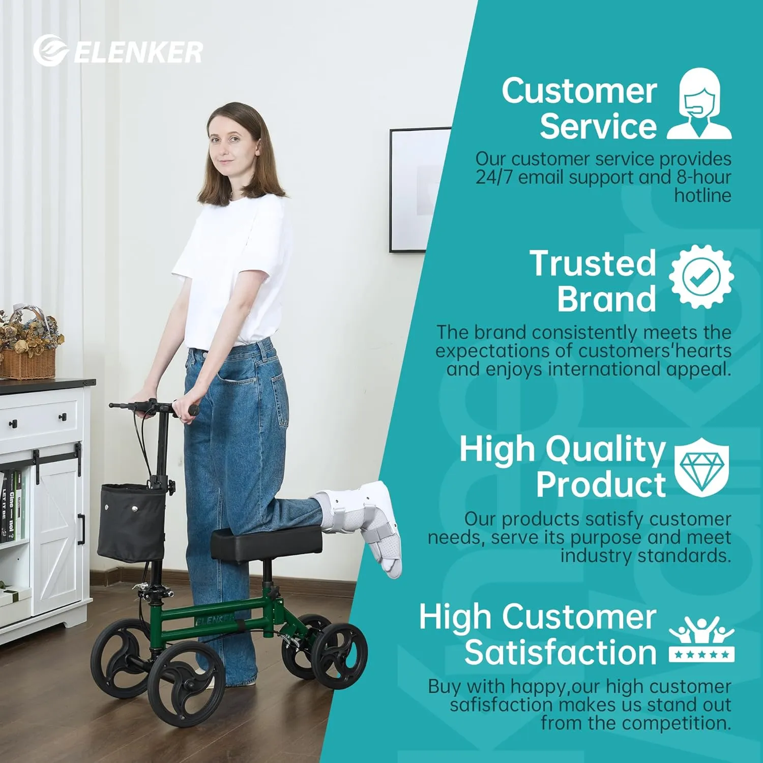 ELENKER Adjustable Steerable Knee Scooter for Foot Injuries Ankles Surgery Medical Knee Walker Crutches Alternative Blackish Green