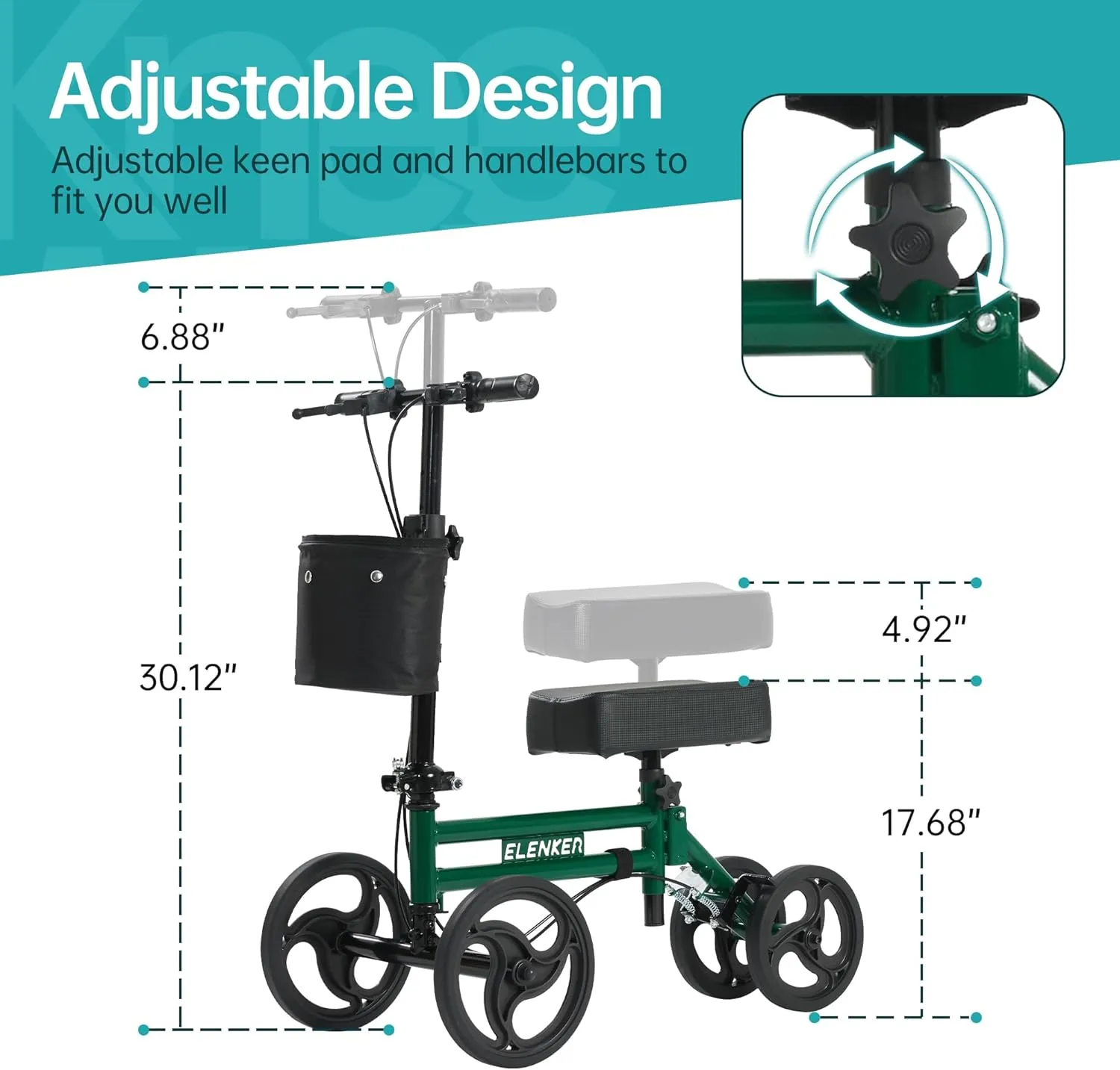 ELENKER Adjustable Steerable Knee Scooter for Foot Injuries Ankles Surgery Medical Knee Walker Crutches Alternative Blackish Green