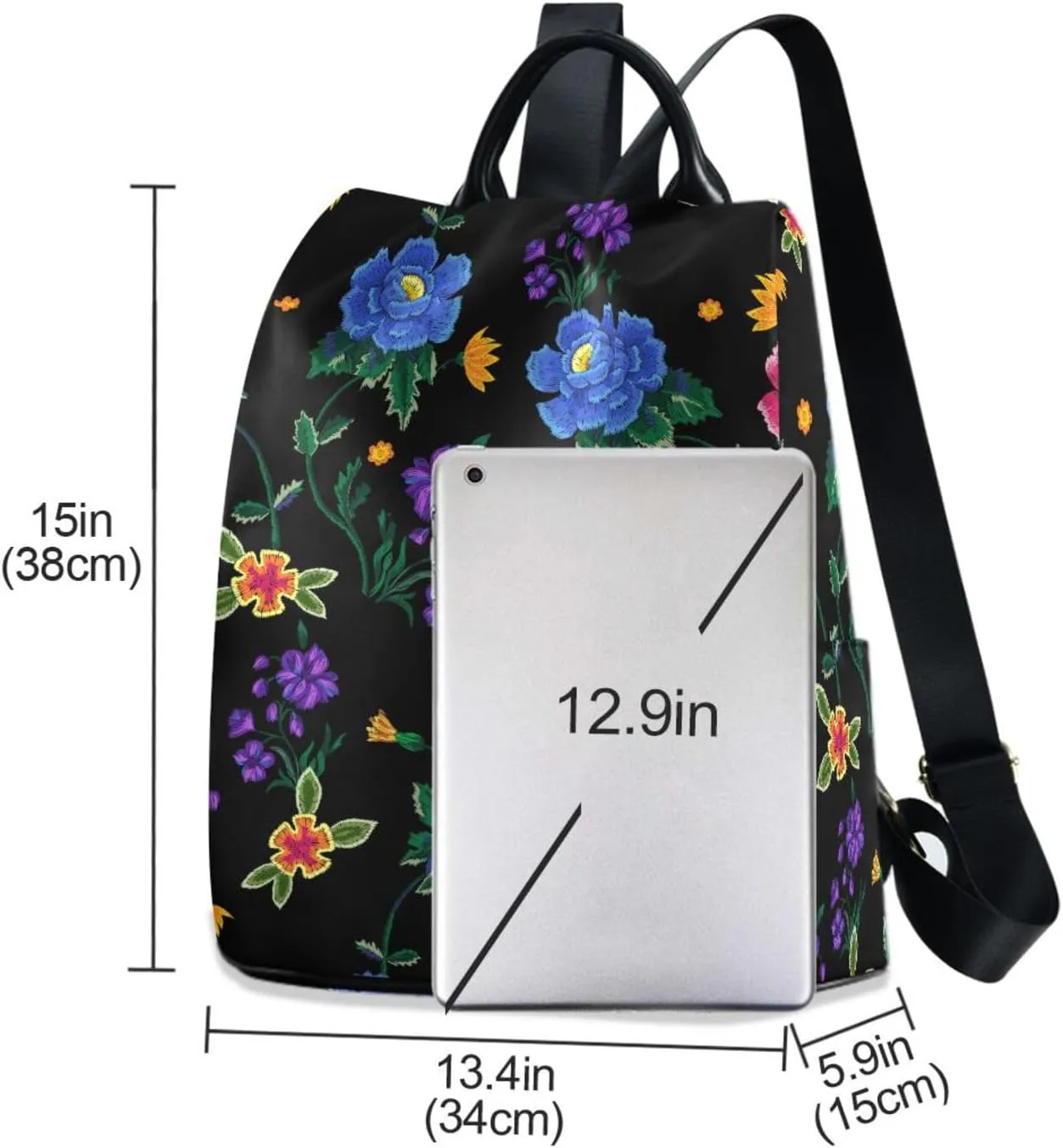 Embroidery Roses and Peonies Backpack Purse for Women Anti-Theft Fashion Back Pack Shoulder Bag