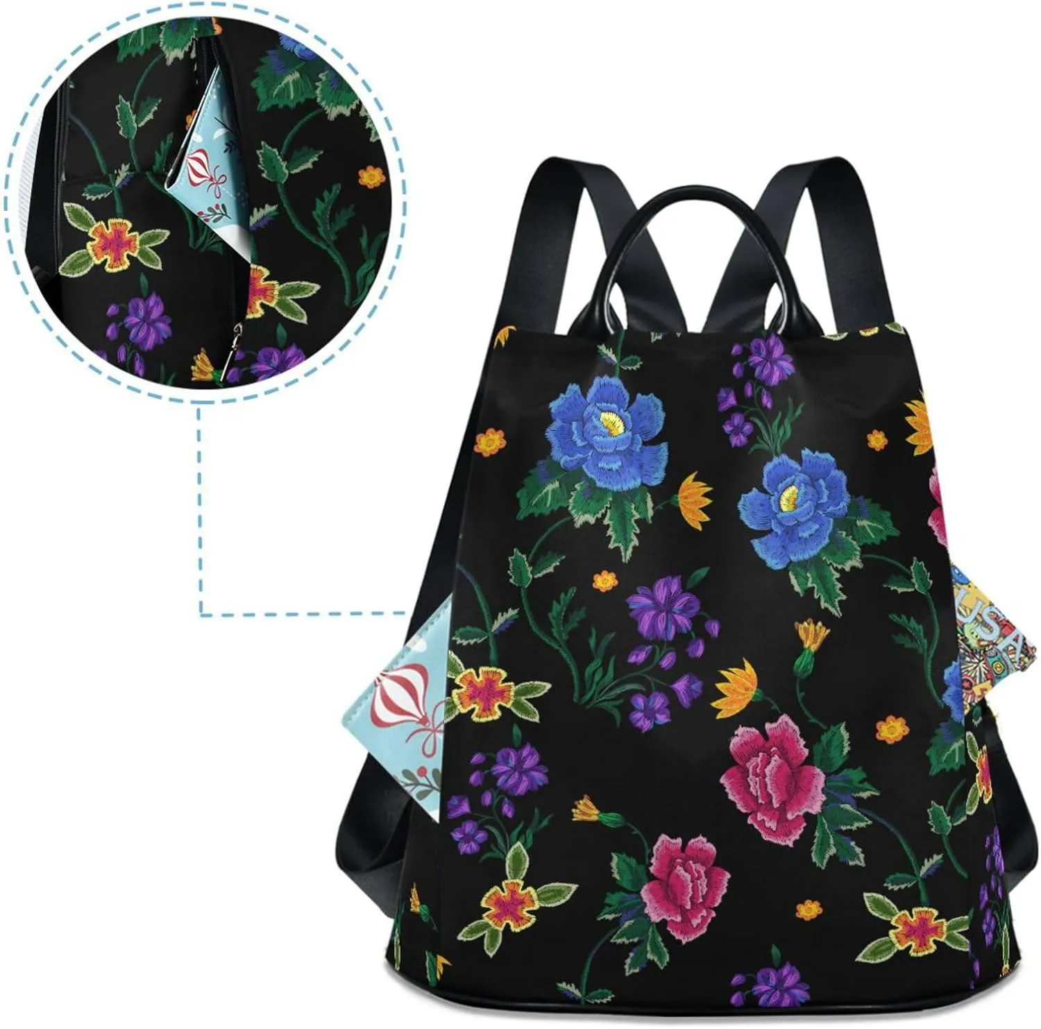 Embroidery Roses and Peonies Backpack Purse for Women Anti-Theft Fashion Back Pack Shoulder Bag