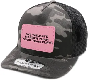 Engraving Trucker Mesh Cap We Tailgate Harder Than Your Team Plays Rectangle Leather Patch 5 Panel Hats