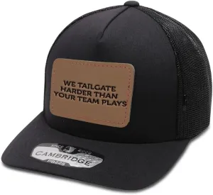 Engraving Trucker Mesh Cap We Tailgate Harder Than Your Team Plays Rectangle Leather Patch 5 Panel Hats