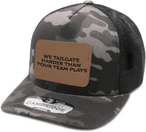 Engraving Trucker Mesh Cap We Tailgate Harder Than Your Team Plays Rectangle Leather Patch 5 Panel Hats