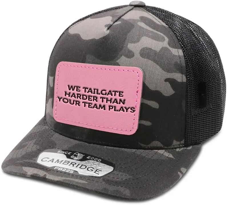 Engraving Trucker Mesh Cap We Tailgate Harder Than Your Team Plays Rectangle Leather Patch 5 Panel Hats